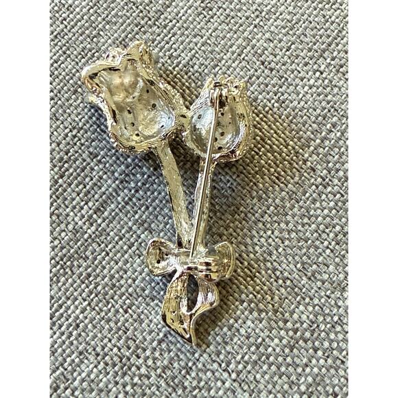Vintage Rhinestone Rose Long Stem Brooch Scarf Lapel Pin Silver Tone Cocktail - Picture 2 of 4